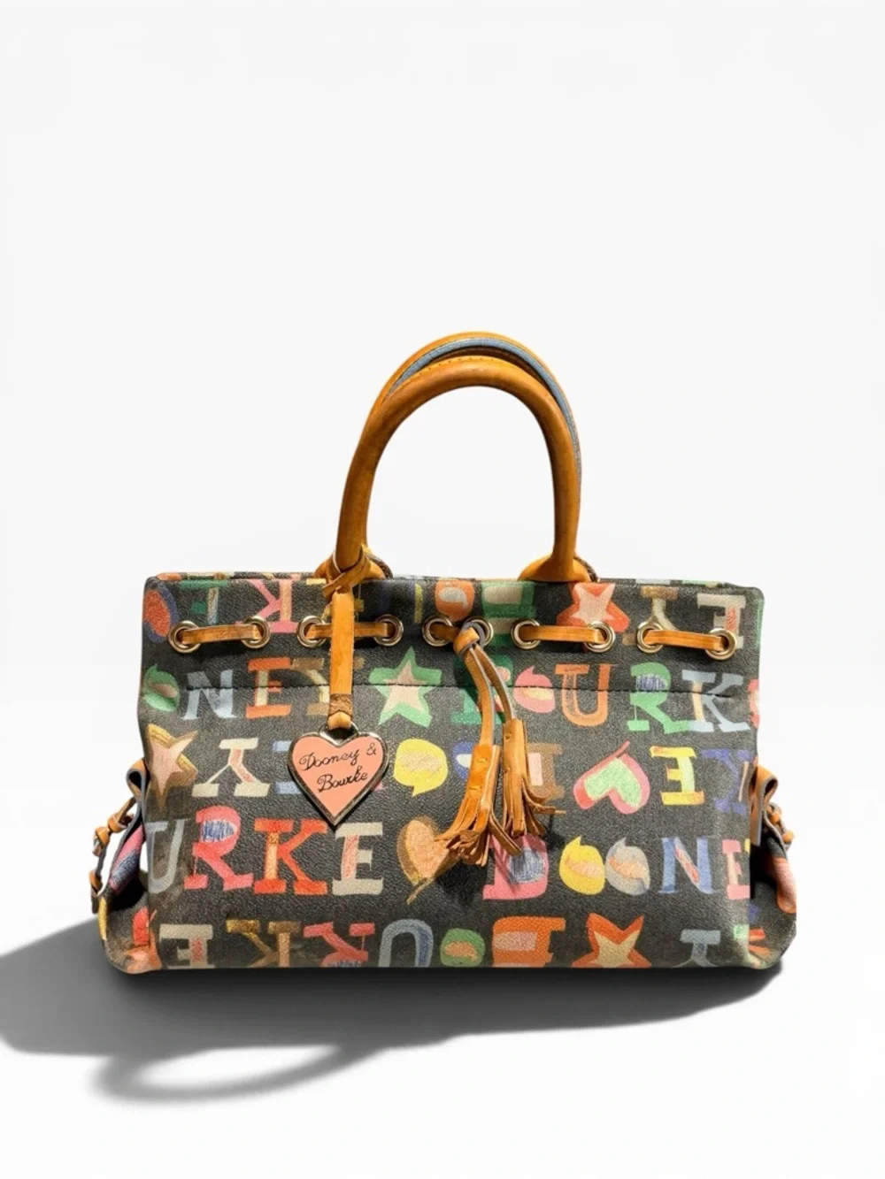 VTG Dooney & Bourke Y2K Doodle Monogram Drawstring Tote w/ Heart Charm & COA